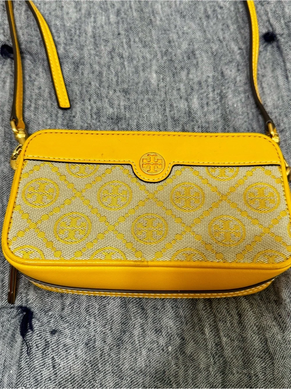 Tory Burch T Monogram Mini Yellow Tan Jacquard Crossbody